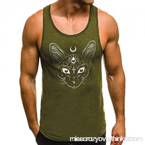 Men Fitness Muscle Cat Totem Print Sleeveless Bodybuilding Tight-Drying Vest Tops Army Green B07QF9P832